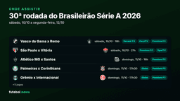 Onde assistir a 30ª rodada do Brasileirão Série A 2026: jogos, horários e canais