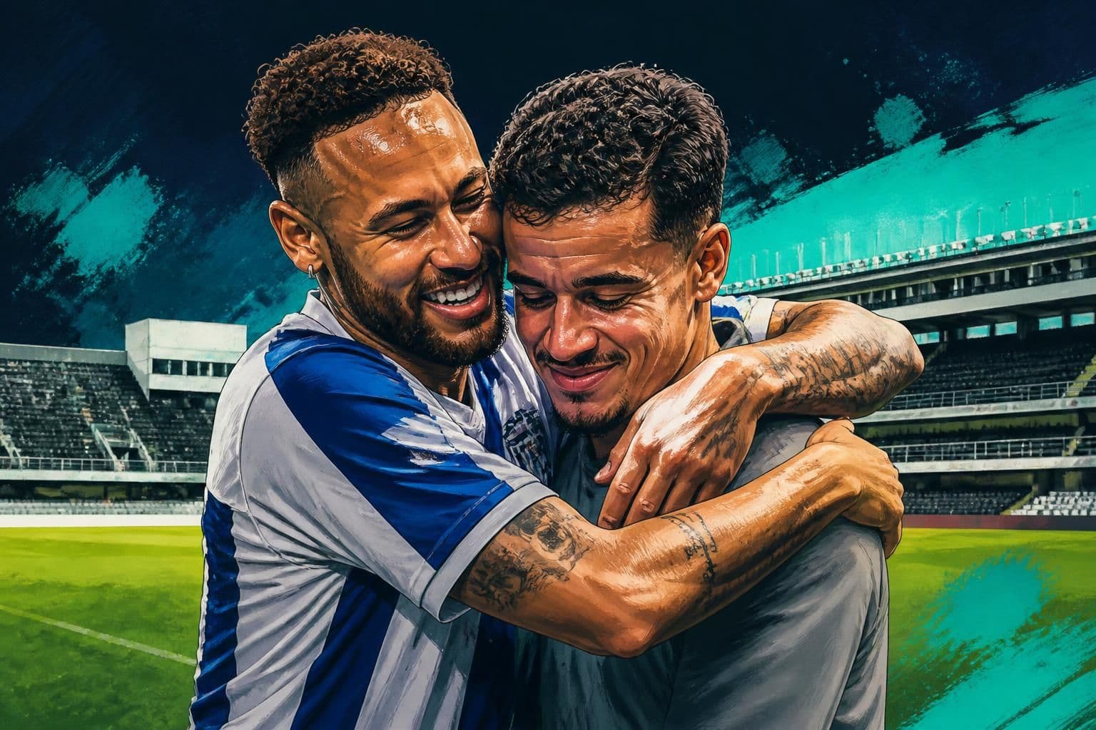 Neymar recebe Coutinho no Santos e cobra felicidade